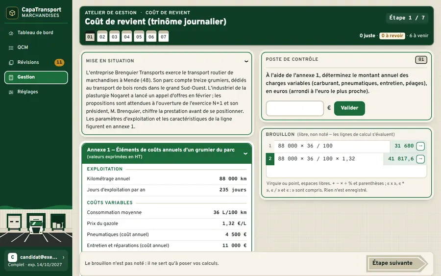 Atelier coût de revient : dossier d'entreprise, annexe 1 des coûts annuels et brouillon qui calcule, étape 1 à résoudre.