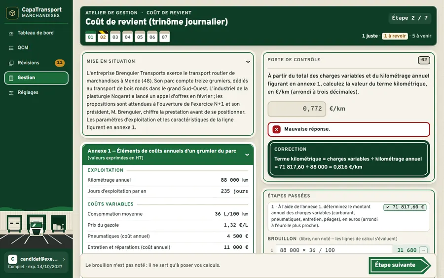 Atelier coût de revient : réponse fausse à l'étape 2 et correction du terme kilométrique.
