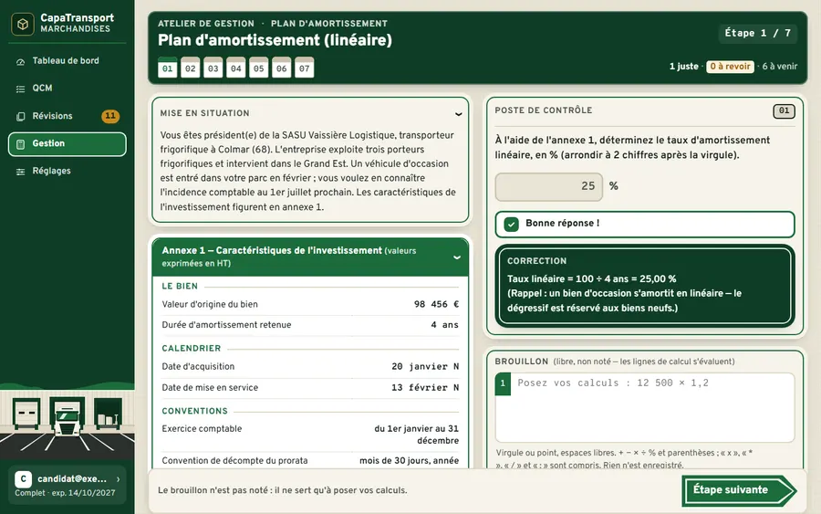 Atelier plan d'amortissement : annexe de l'investissement, étape 1 juste et corrigée.