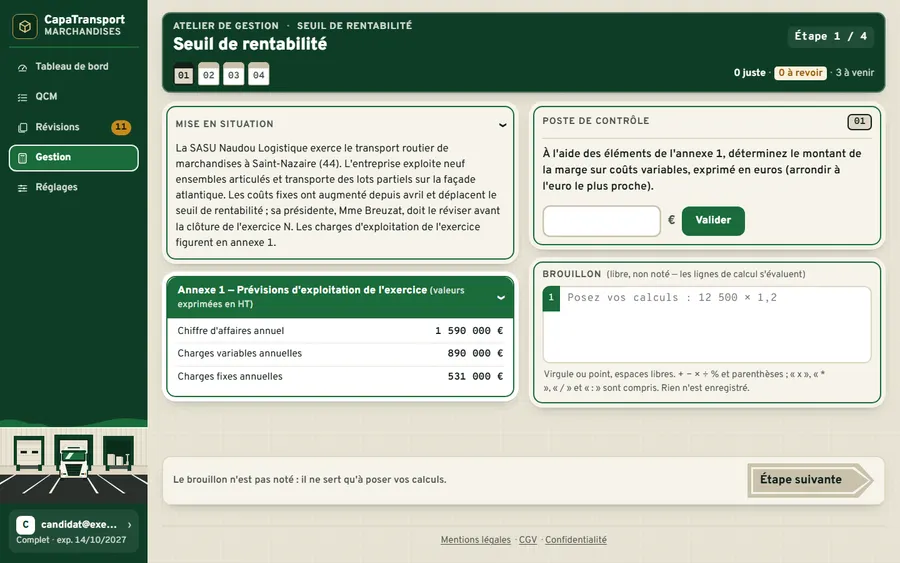 Atelier seuil de rentabilité : charges et chiffre d'affaires en annexe, première étape.