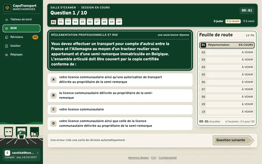Session de QCM : une question d'annale et ses quatre choix.