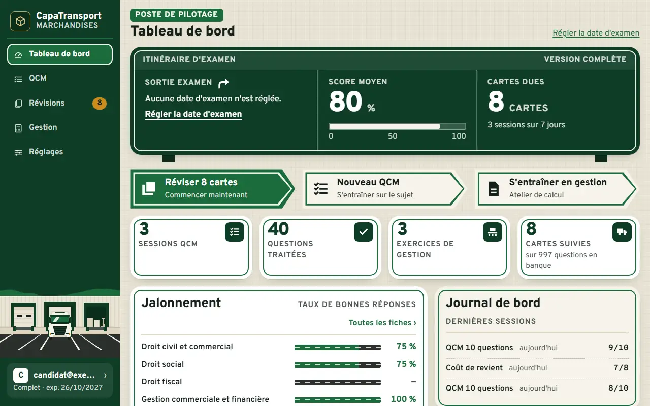 Tableau de bord CapaTransport : le score moyen sur une règle graduée, les cartes de révision dues, les sessions de la semaine et la progression par module.